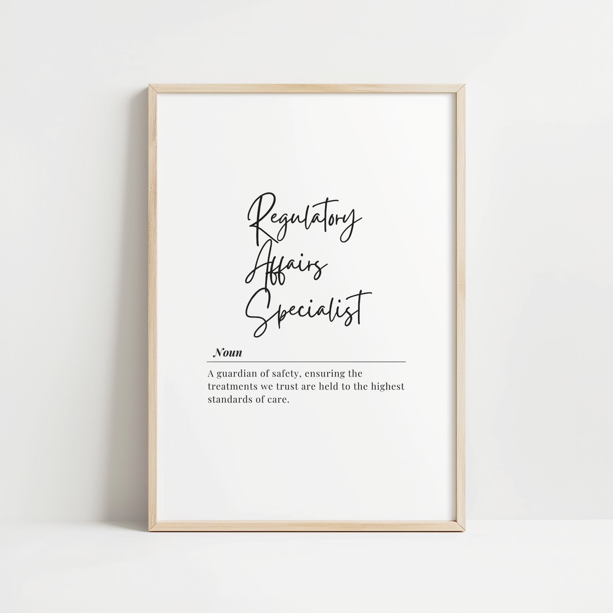 Modern typography print featuring 'Regulatory Affairs Specialist' definition in elegant black script on white background, creating a sophisticated professional look ideal for office or clinical spaces.