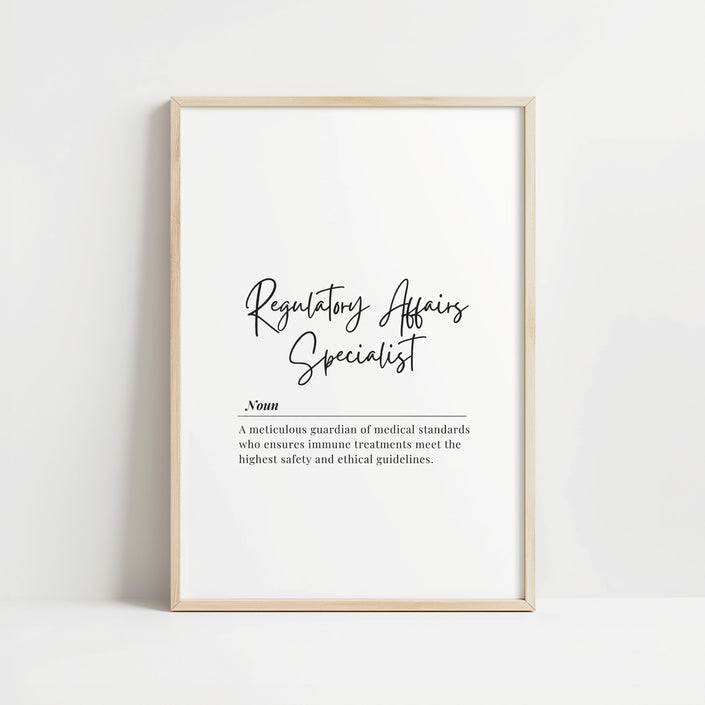 Elegant black typography defining Regulatory Affairs Specialist role on white background with cursive main title and supporting sans-serif text, perfect for professional medical office environments.