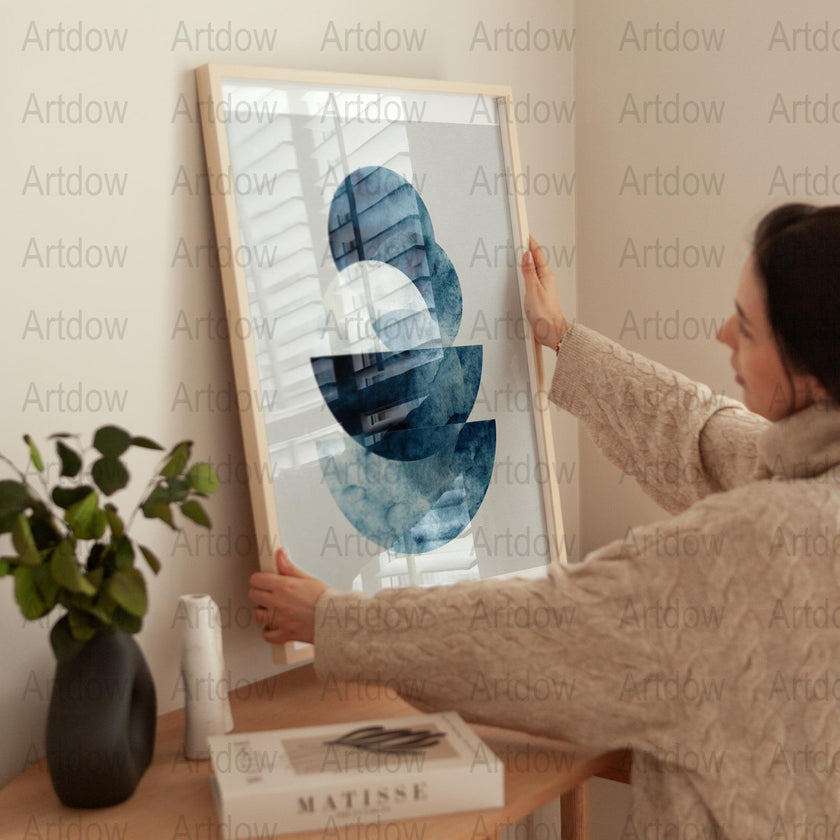 Abstract geometric indigo and white watercolor circles creating a harmonious, peaceful composition with layered textures against a soft off-white background, perfect for minimalist modern spaces.