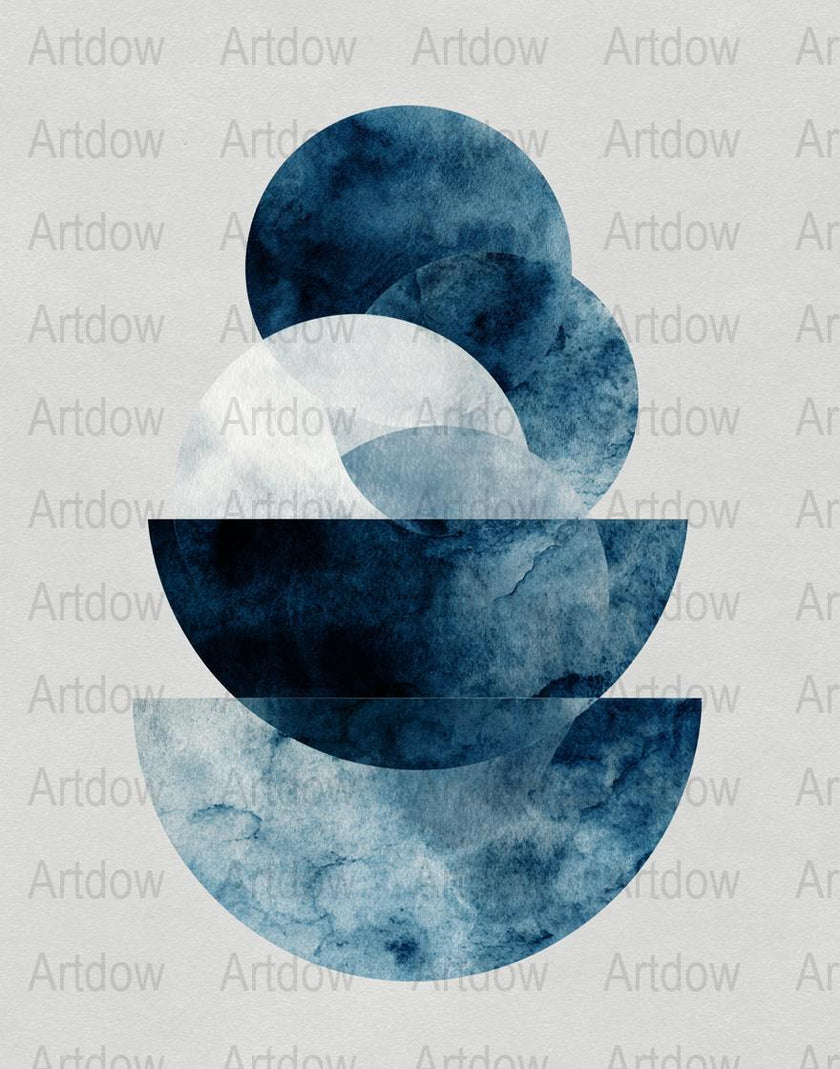 Abstract geometric indigo and white watercolor circles creating a harmonious, peaceful composition with layered textures against a soft off-white background, perfect for minimalist modern spaces.