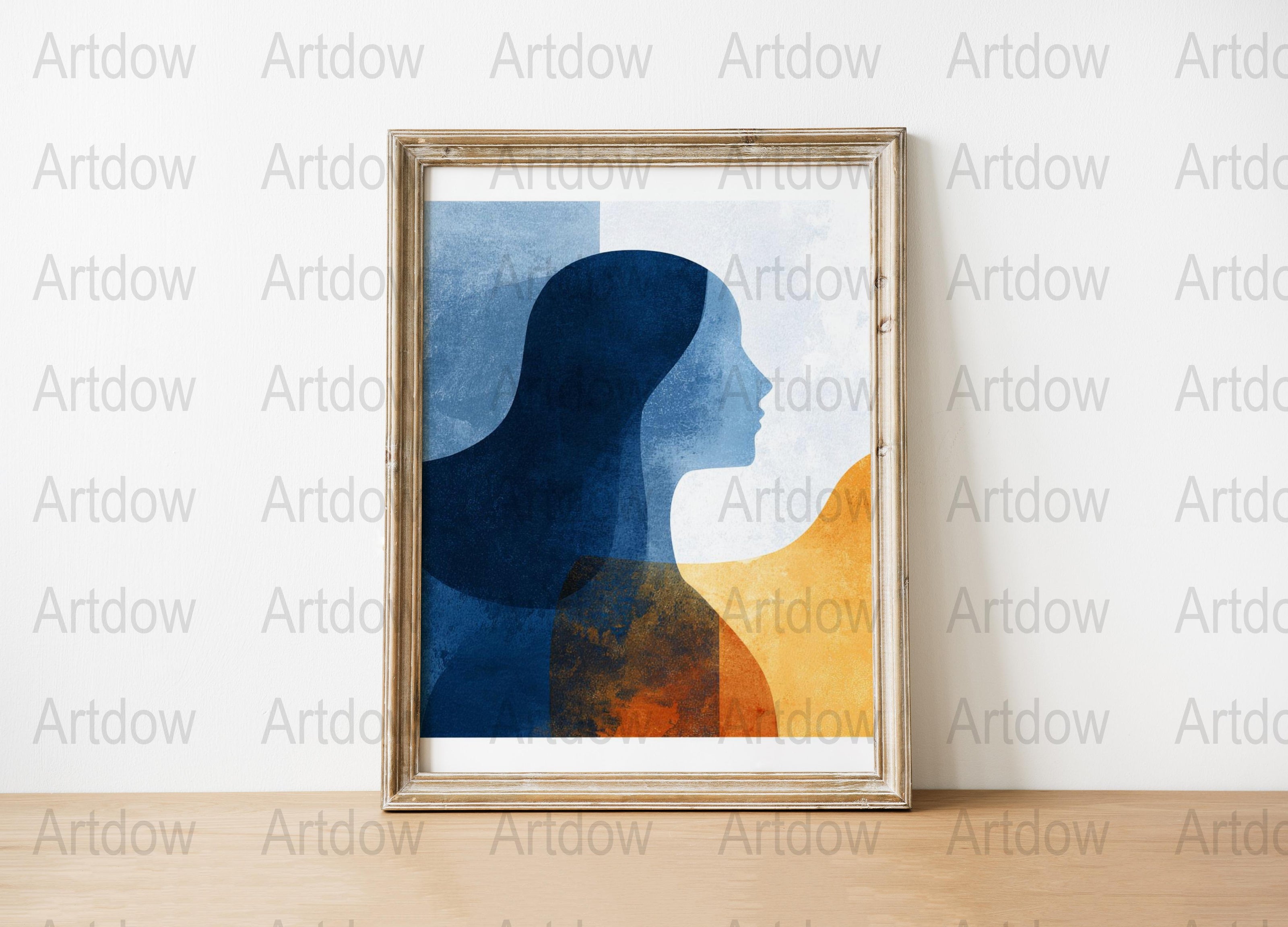 Minimalist silhouette figure against textured backdrop with midnight blue and burnt orange tones, creating a contemplative abstract composition with overlapping geometric forms and harmonious contrasts.