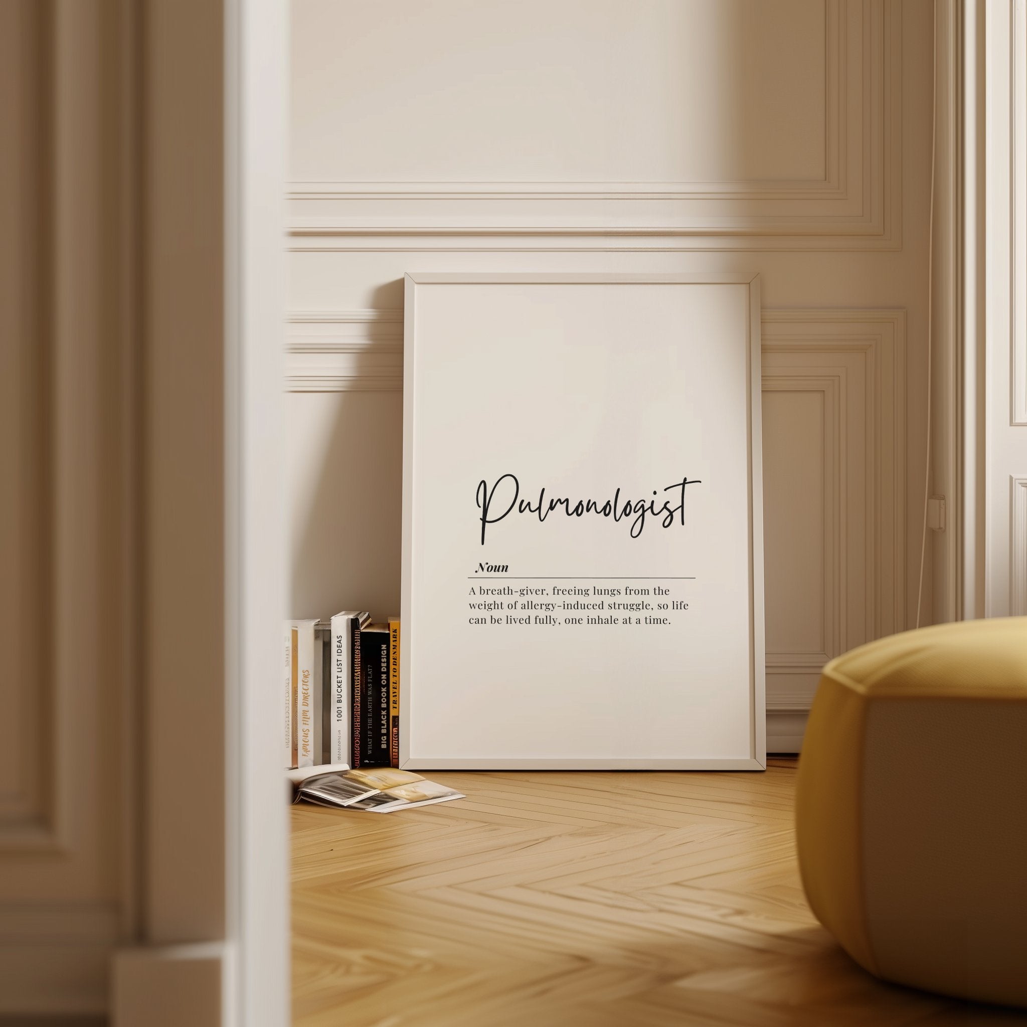 Black script font 'Pulmonologist' on white background with definition text below, featuring minimalist design ideal for medical office decor with ample white space.