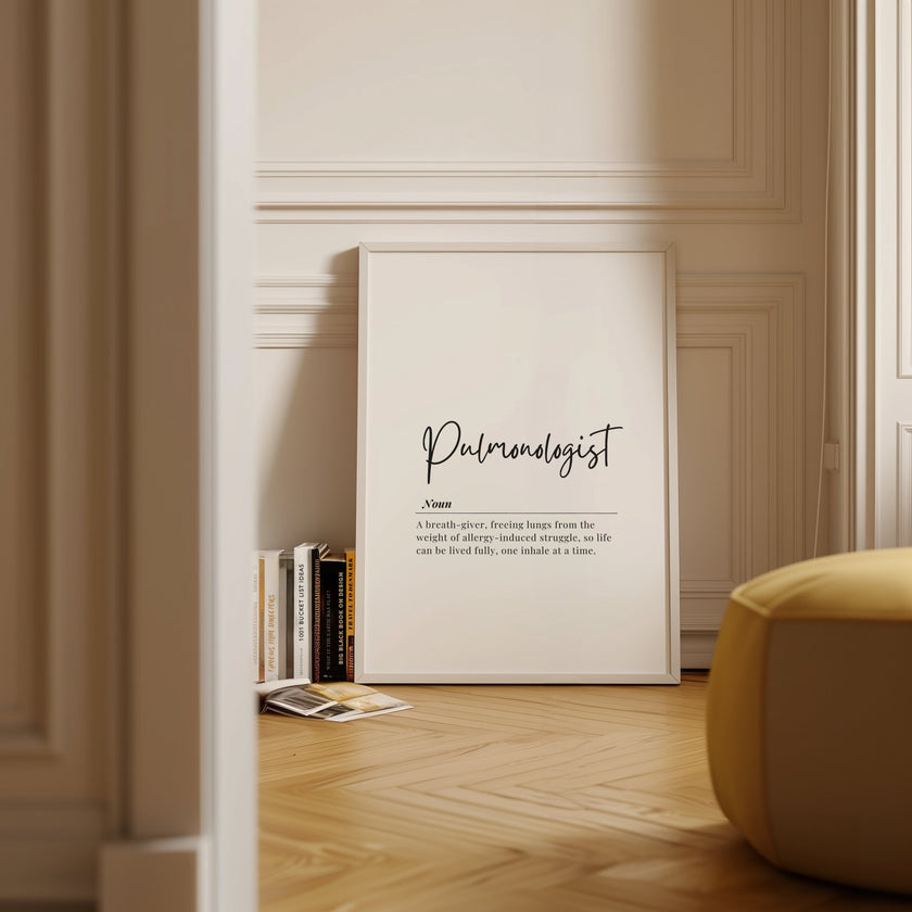 Black script font 'Pulmonologist' on white background with definition text below, featuring minimalist design ideal for medical office decor with ample white space.