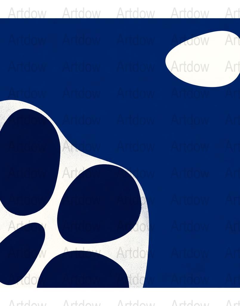 Modern abstract design featuring flowing navy blue and crisp white shapes against a blue background, creating a balanced, peaceful composition ideal for minimalist contemporary spaces.