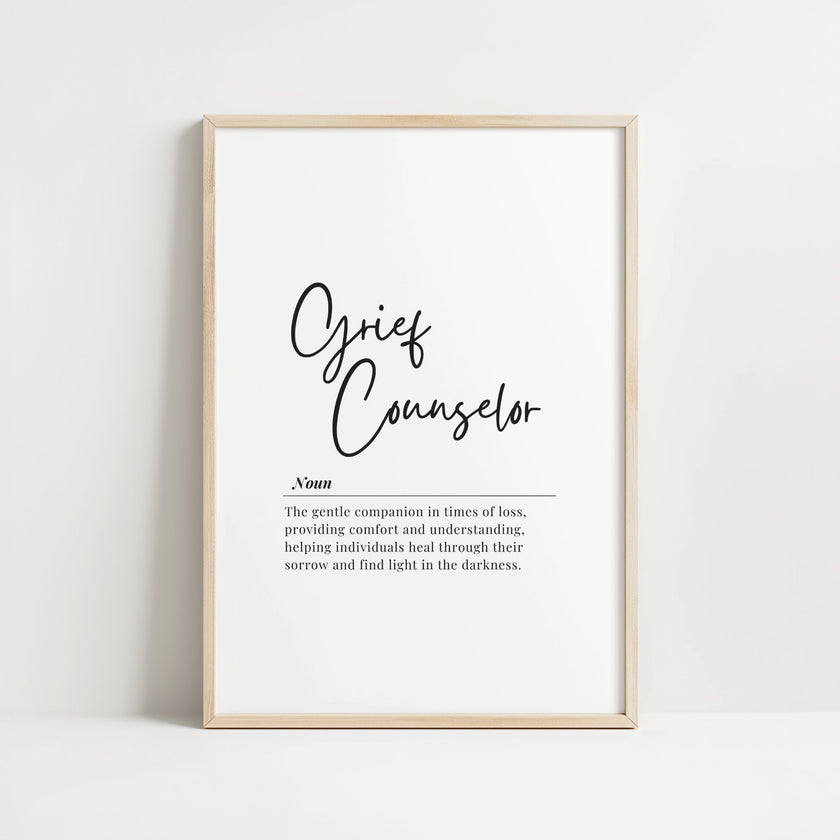 Elegant black typography on white background featuring Grief Counselor in script font with serif definition text, conveying comfort and understanding for therapy environments