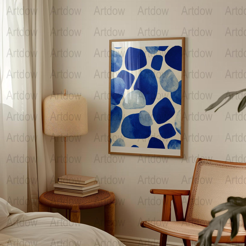 Modern abstract digital print featuring organic blue shapes with watercolor texture on white background, creating a calming, balanced composition perfect for minimalist Scandinavian interiors.