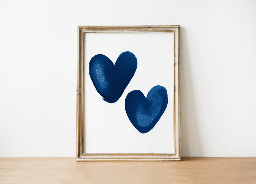 Blue Heart Art Print, Modern Navy Love Wall Art, Minimalist Couple Bedroom Decor, Framed Canvas Painting