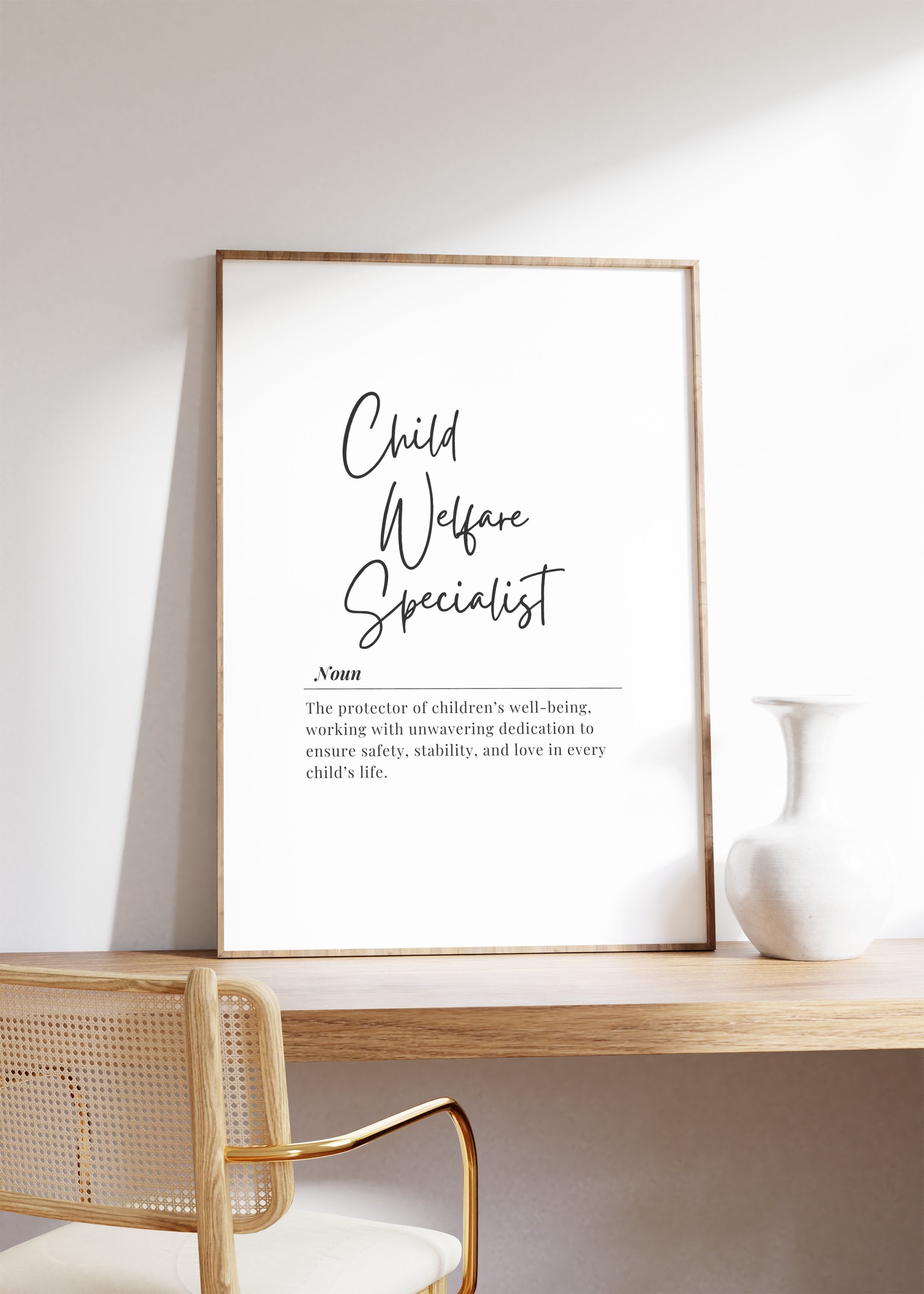 Minimalist black and white typography art featuring 'Child Welfare Specialist' definition in elegant script and serif fonts, conveying dedication to children's wellbeing with professional yet compassionate design.