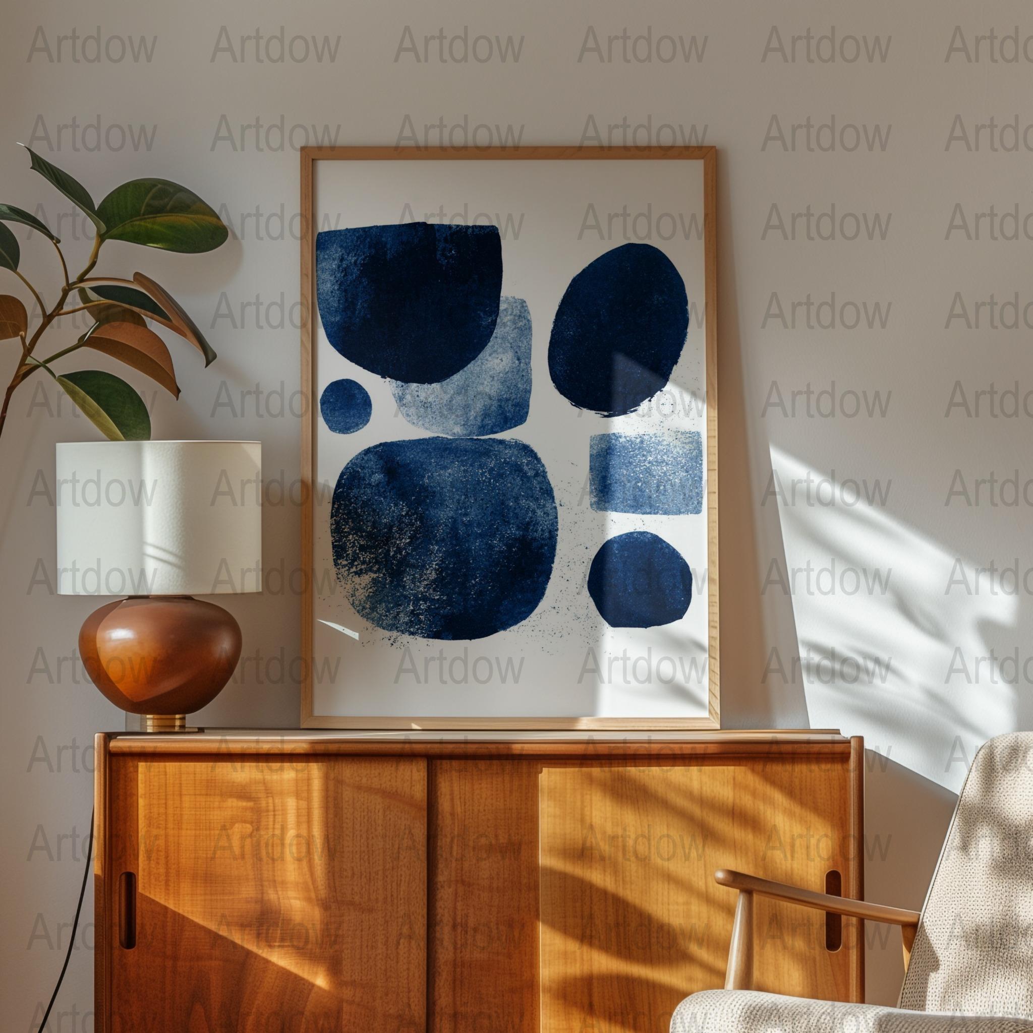Abstract geometric navy blue and indigo shapes against white background with soft textures creating a calming modern minimalist design perfect for contemporary spaces.