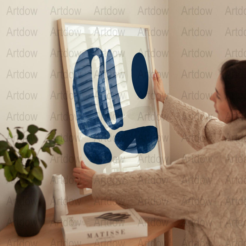 Modern Abstract Blue Wall Art Print, Minimalist Decor for Living Room, Home Office Artwork