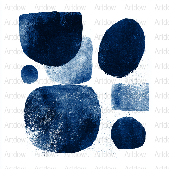 Abstract geometric navy blue and indigo shapes against white background with soft textures creating a calming modern minimalist design perfect for contemporary spaces.