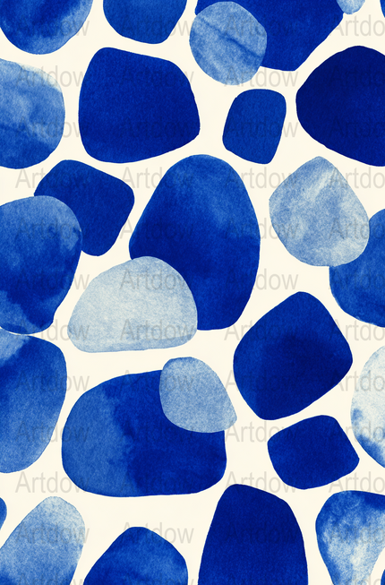 Modern abstract digital print featuring organic blue shapes with watercolor texture on white background, creating a calming, balanced composition perfect for minimalist Scandinavian interiors.