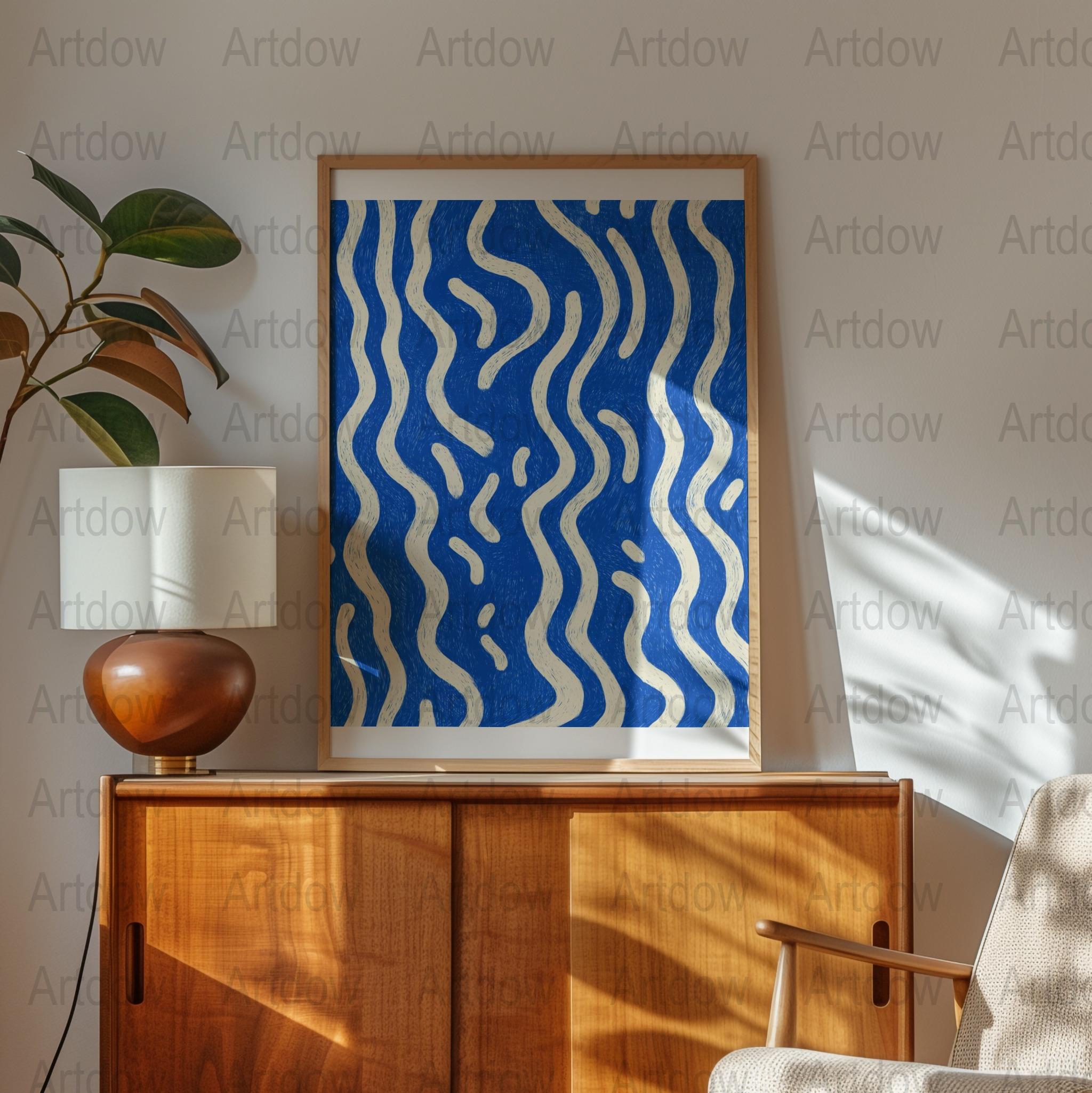 Abstract Blue Waves Art Print, Modern Ocean Wave Wall Decor, Contemporary Nautical Home Artwork