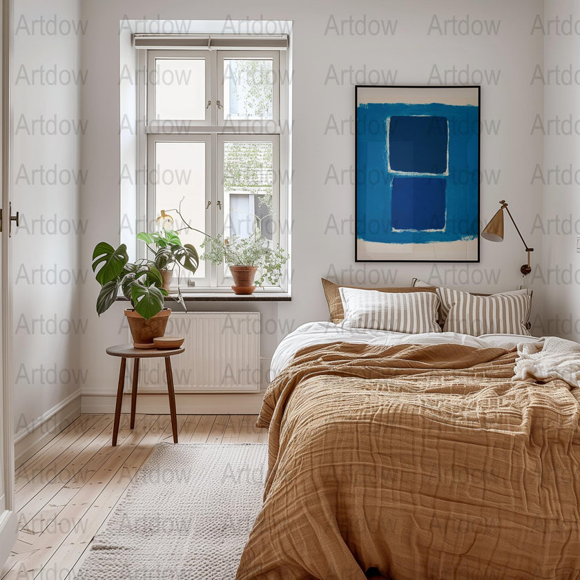 Modern abstract digital print featuring overlapping dark blue rectangles with vibrant azure and cobalt tones against textured white background, creating a serene yet sophisticated geometric composition.