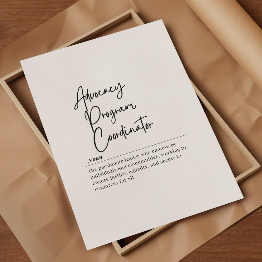 Minimalist black typography definition print featuring Advocacy Program Coordinator title in elegant script on clean white background for professional office inspiration Minimalist Advocacy Program Coordinator Definition Print – Professional Office Wall Art Digital Download ff12de-46.myshopify.com