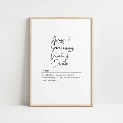 Minimalist typography print featuring elegant script text defining Allergy Immunology Laboratory Director role against clean white background with professional aesthetic Minimalist Medical Office Wall Art – Allergy Immunology Laboratory Director Definition Print Digital Download ff12de-46.myshopify.com