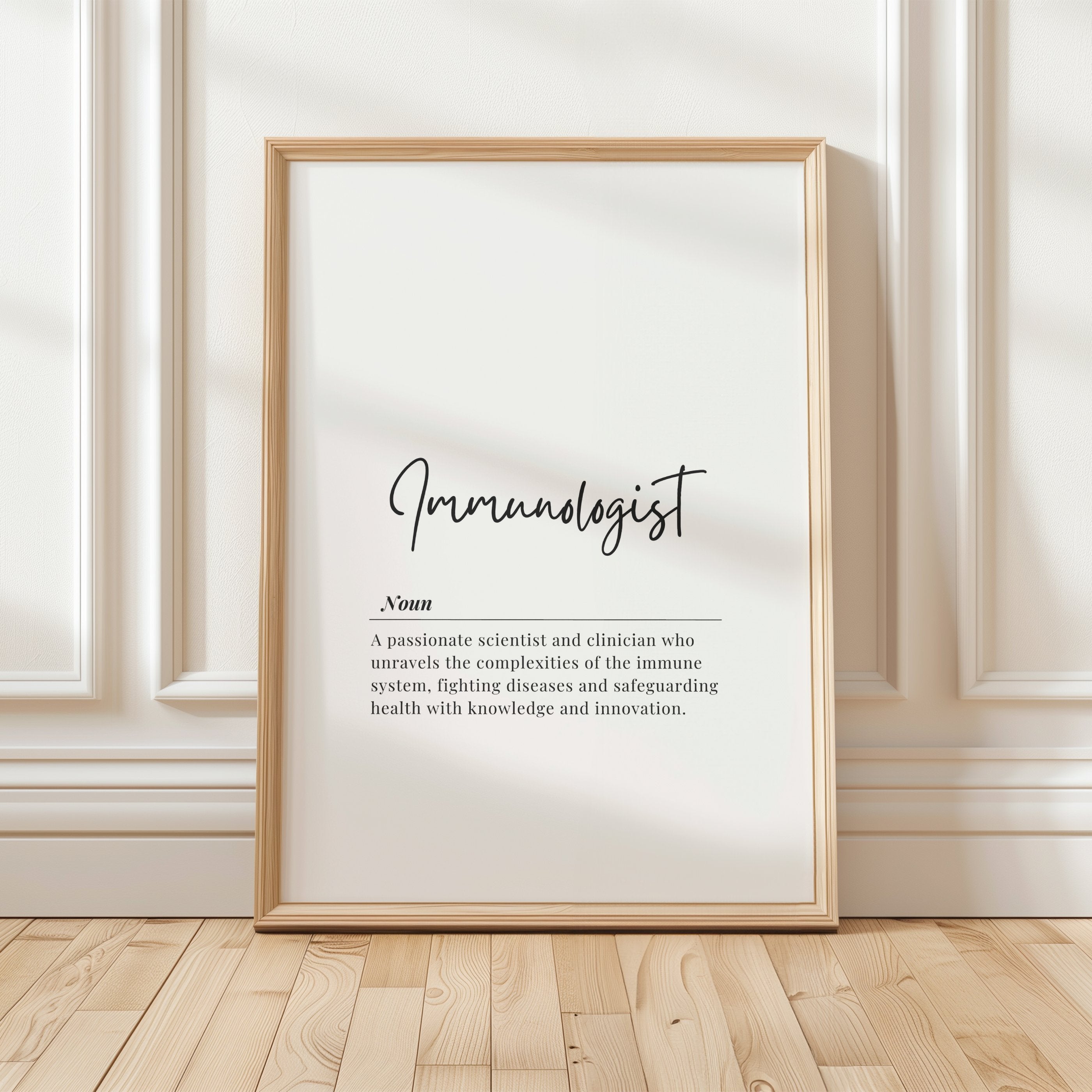 Elegant black script 'Immunologist' text on white background with professional definition in sans-serif font, creating a clean, modern aesthetic ideal for medical offices or healthcare settings.