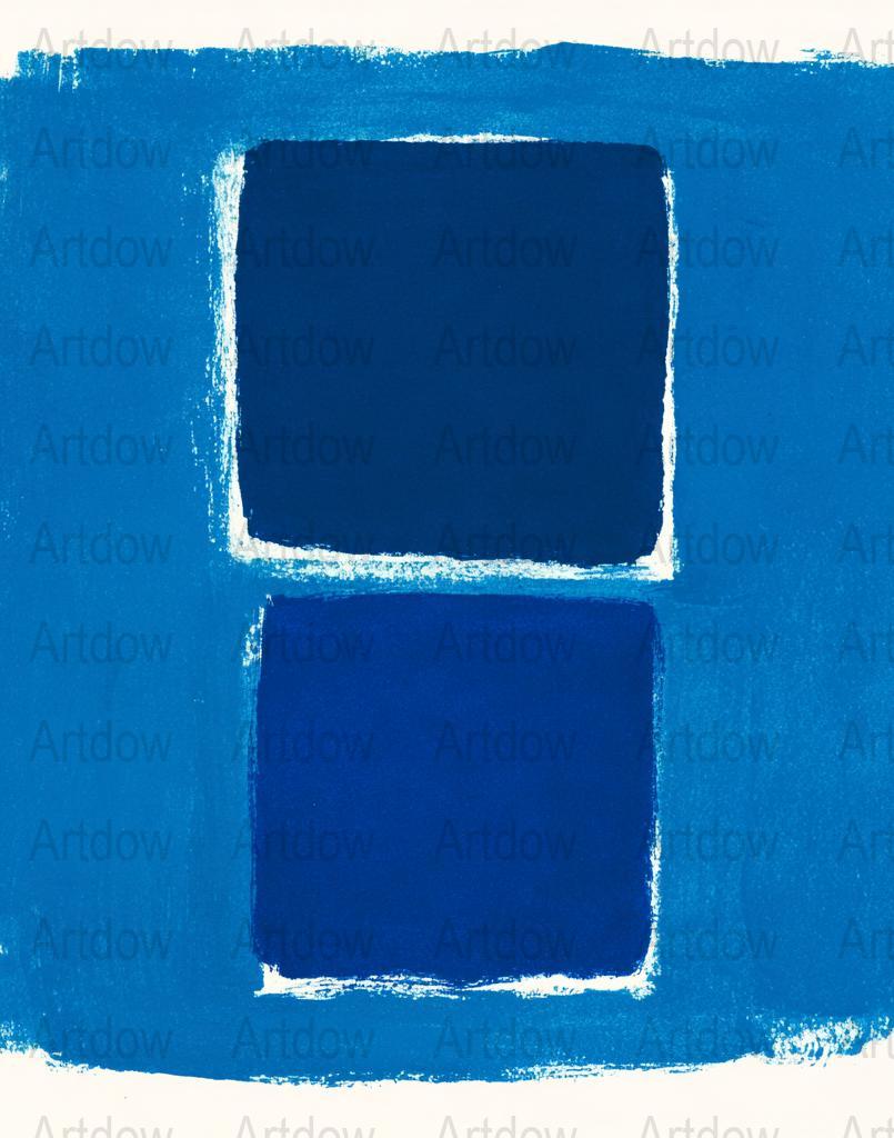 Modern abstract digital print featuring overlapping dark blue rectangles with vibrant azure and cobalt tones against textured white background, creating a serene yet sophisticated geometric composition.