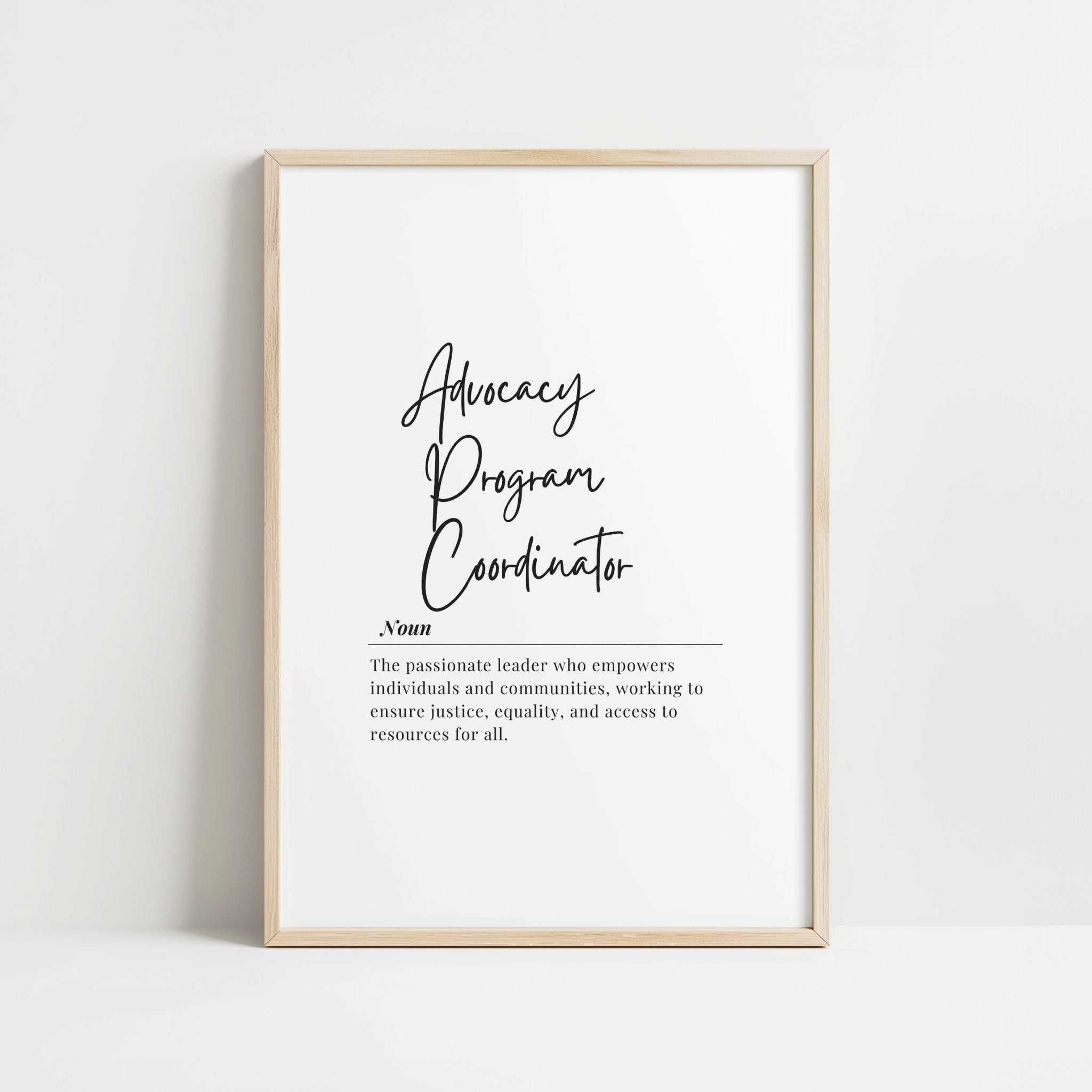 Minimalist black typography definition print featuring Advocacy Program Coordinator title in elegant script on clean white background for professional office inspiration Minimalist Advocacy Program Coordinator Definition Print – Professional Office Wall Art Digital Download ff12de-46.myshopify.com