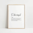 Modern minimalist ecotoxicologist definition print featuring elegant black script typography on white background, showcasing professional text about environmental harm investigation and ecosystem protection