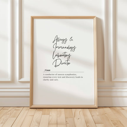 Minimalist typography print featuring elegant script text defining Allergy Immunology Laboratory Director role against clean white background with professional aesthetic Minimalist Medical Office Wall Art – Allergy Immunology Laboratory Director Definition Print Digital Download ff12de-46.myshopify.com