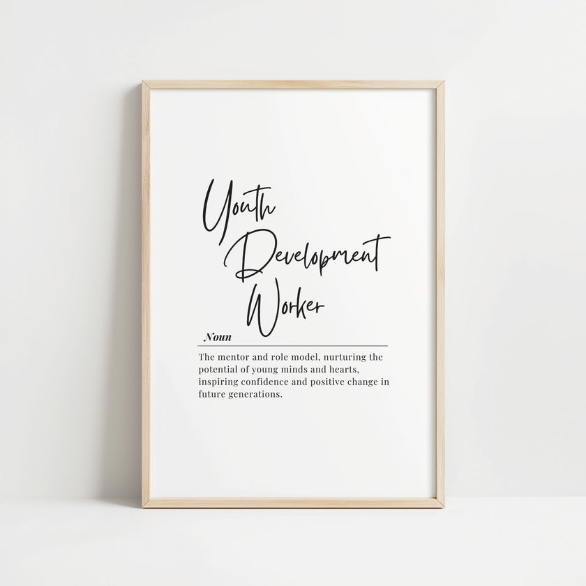 Black script typography on white background featuring 'Youth Development Worker' with an inspirational definition about mentoring youth, framed in lightweight modern style for educational settings.