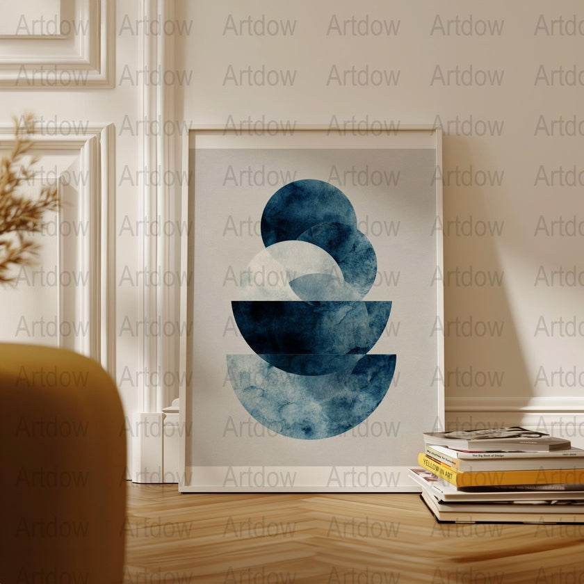 Abstract geometric indigo and white watercolor circles creating a harmonious, peaceful composition with layered textures against a soft off-white background, perfect for minimalist modern spaces.