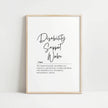 Modern typography print with 'Disability Support Worker' in bold script against white background, featuring definition text in elegant serif font with wooden frame
