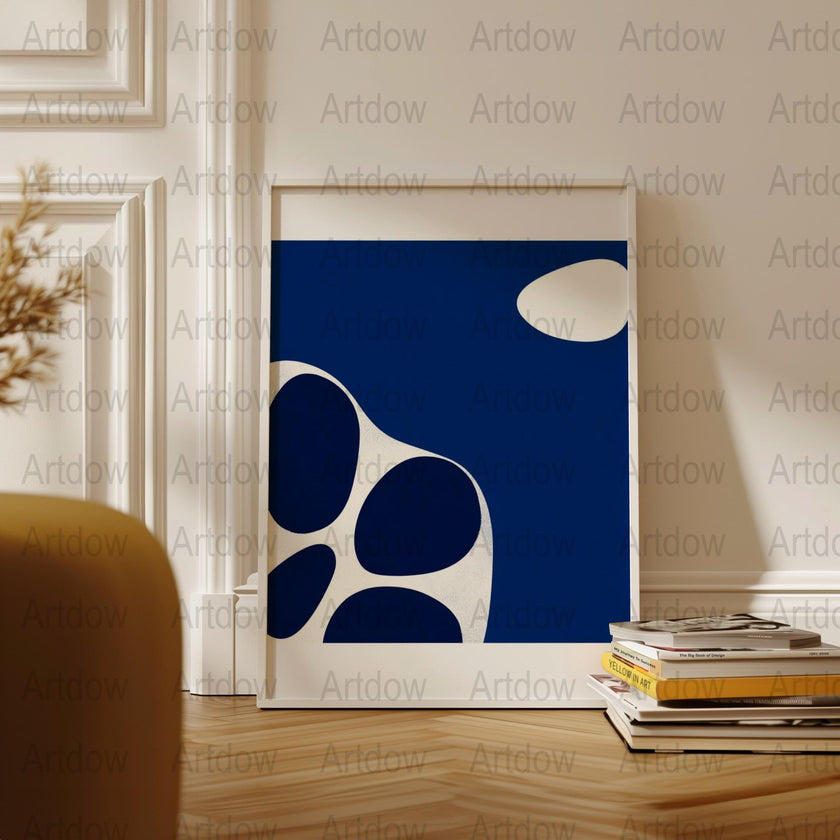 Modern abstract design featuring flowing navy blue and crisp white shapes against a blue background, creating a balanced, peaceful composition ideal for minimalist contemporary spaces.