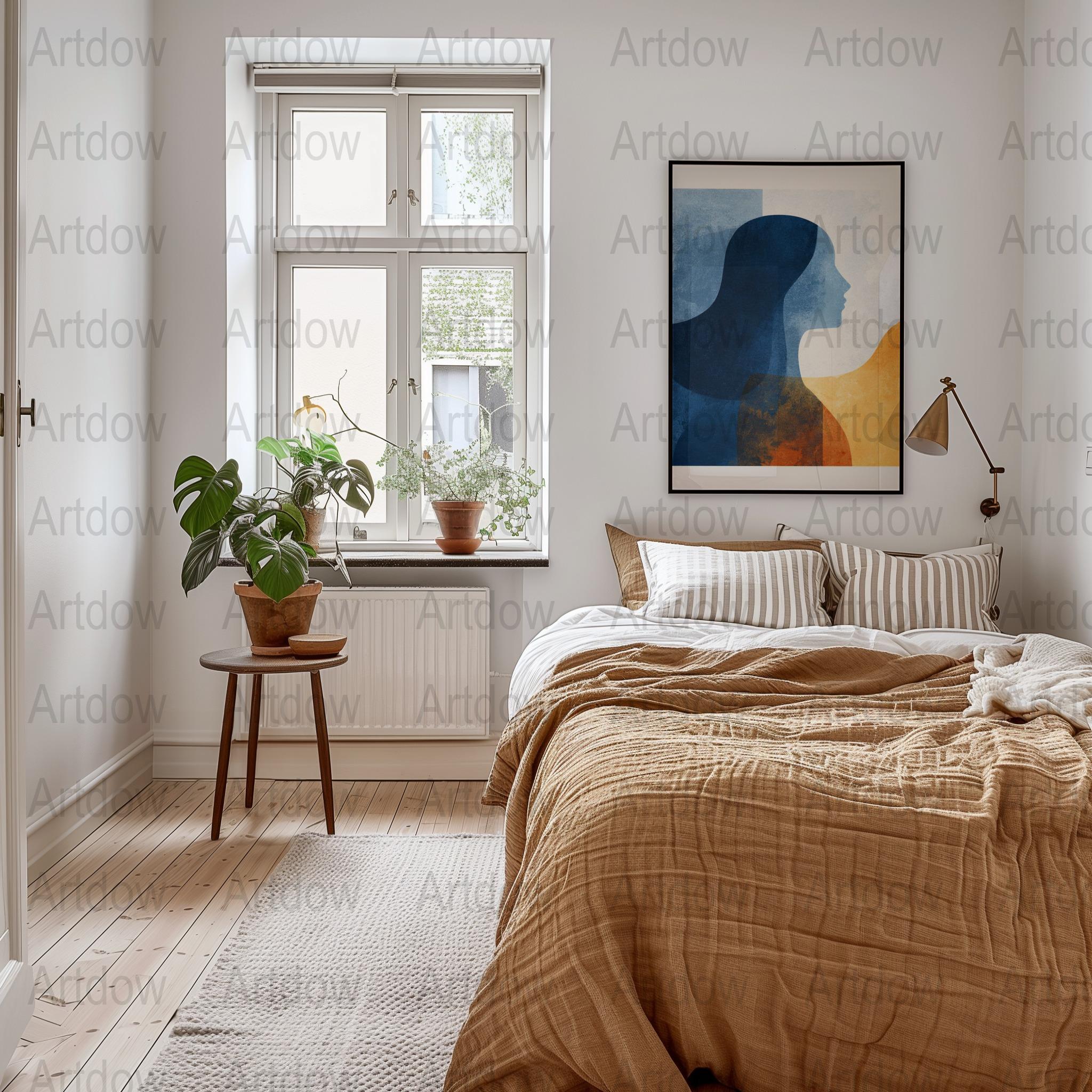 Minimalist silhouette figure against textured backdrop with midnight blue and burnt orange tones, creating a contemplative abstract composition with overlapping geometric forms and harmonious contrasts.