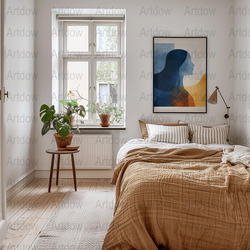 Minimalist silhouette figure against textured backdrop with midnight blue and burnt orange tones, creating a contemplative abstract composition with overlapping geometric forms and harmonious contrasts.