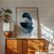 Abstract geometric indigo and white watercolor circles creating a harmonious, peaceful composition with layered textures against a soft off-white background, perfect for minimalist modern spaces.