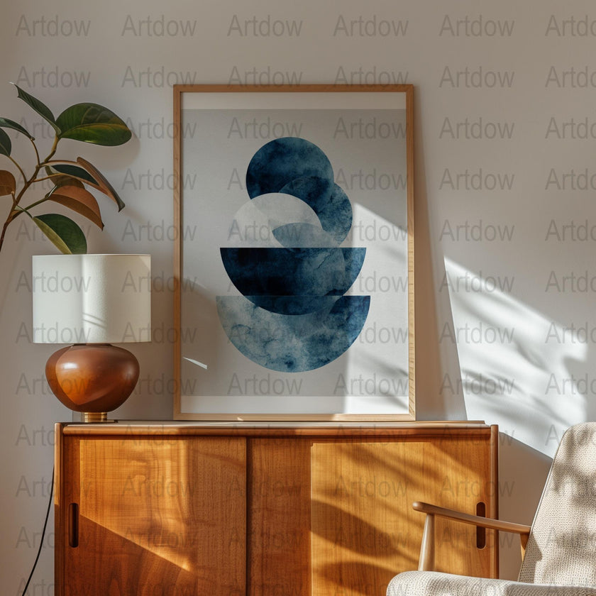 Abstract geometric indigo and white watercolor circles creating a harmonious, peaceful composition with layered textures against a soft off-white background, perfect for minimalist modern spaces.