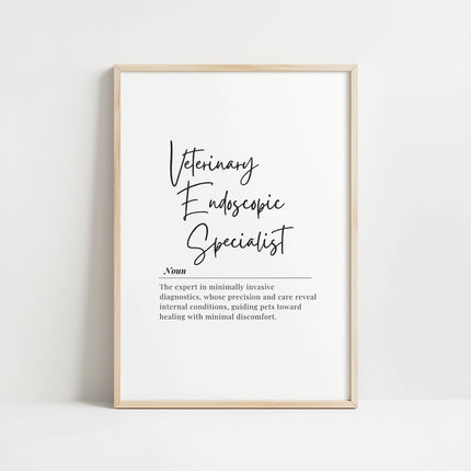Elegant black script typography defining Veterinary Endoscopic Specialist on white background with serif accents, perfect for professional veterinary clinic environments.