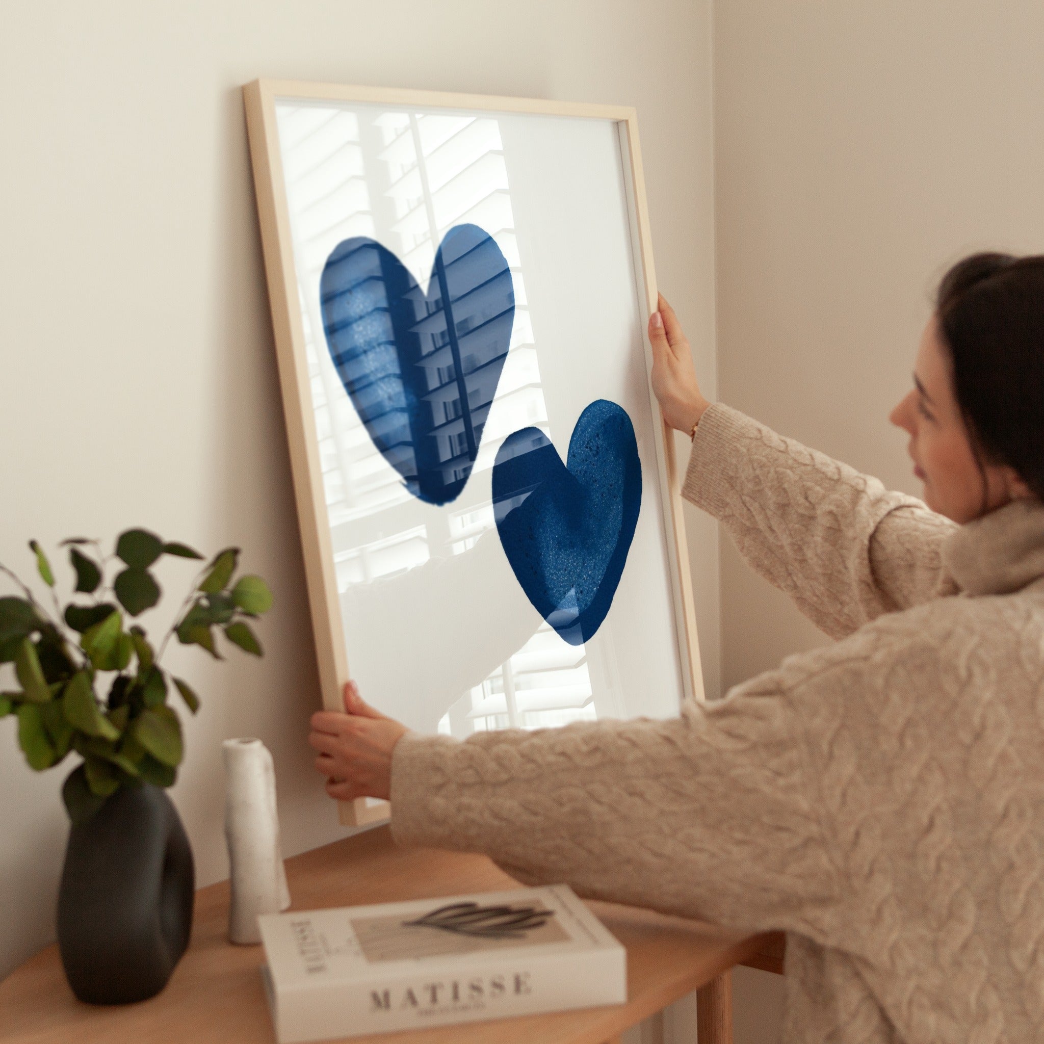 Modern Blue Heart Art Print Abstract Love Wall Decor Stylish Home Interior Design