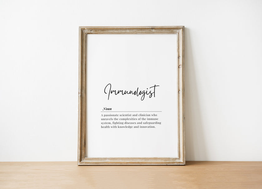 Elegant black script 'Immunologist' text on white background with professional definition in sans-serif font, creating a clean, modern aesthetic ideal for medical offices or healthcare settings.