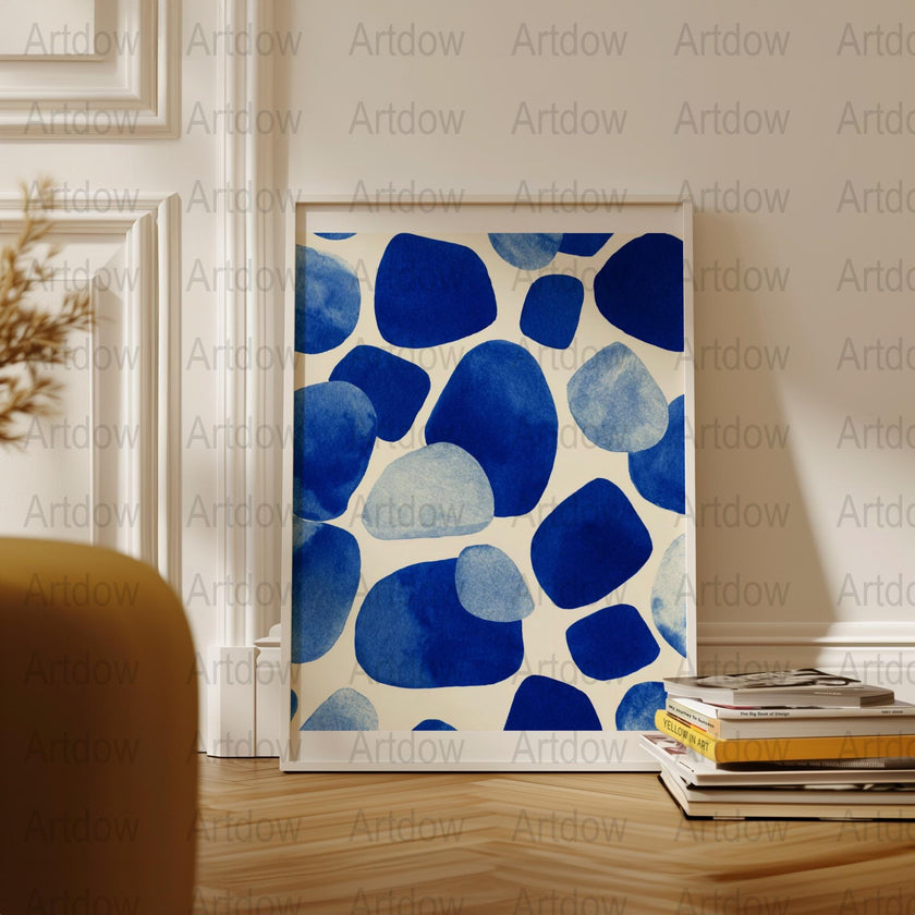 Modern abstract digital print featuring organic blue shapes with watercolor texture on white background, creating a calming, balanced composition perfect for minimalist Scandinavian interiors.