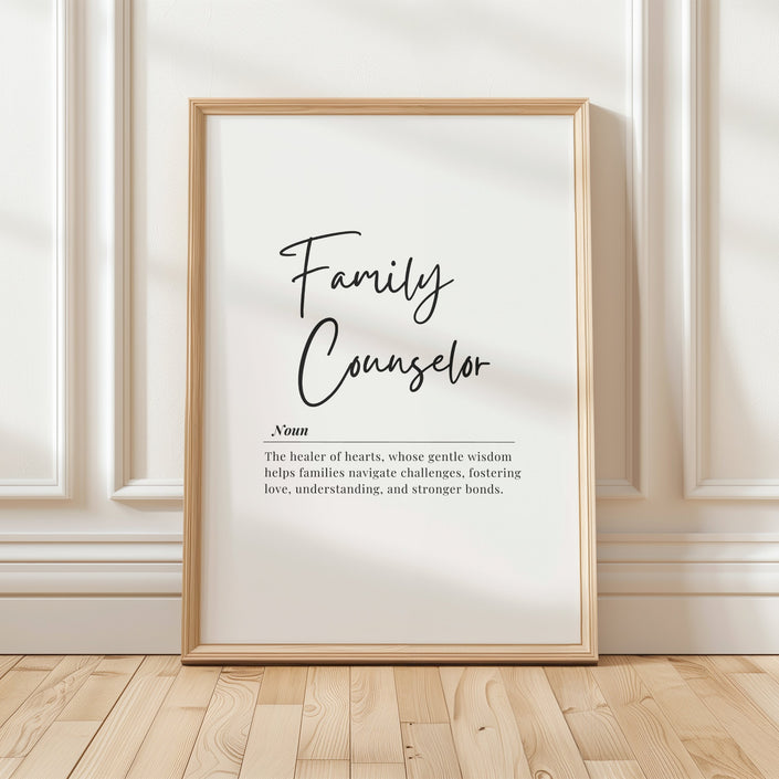 Black and white minimalist print featuring 'Family Counselor' definition in elegant script font against white background, creating a calming professional aesthetic with Scandinavian design influence.