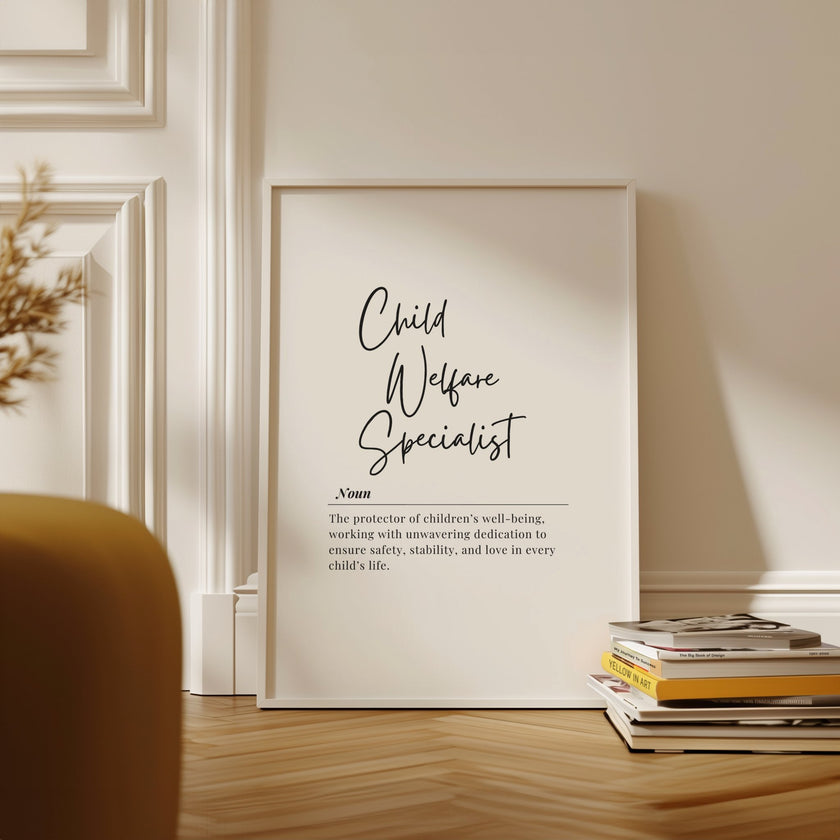 Minimalist black and white typography art featuring 'Child Welfare Specialist' definition in elegant script and serif fonts, conveying dedication to children's wellbeing with professional yet compassionate design.