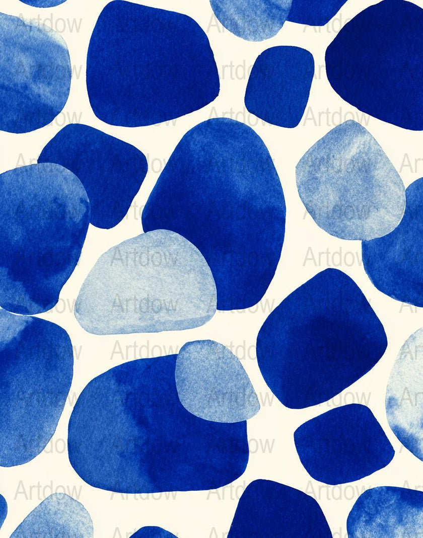 Modern abstract digital print featuring organic blue shapes with watercolor texture on white background, creating a calming, balanced composition perfect for minimalist Scandinavian interiors.
