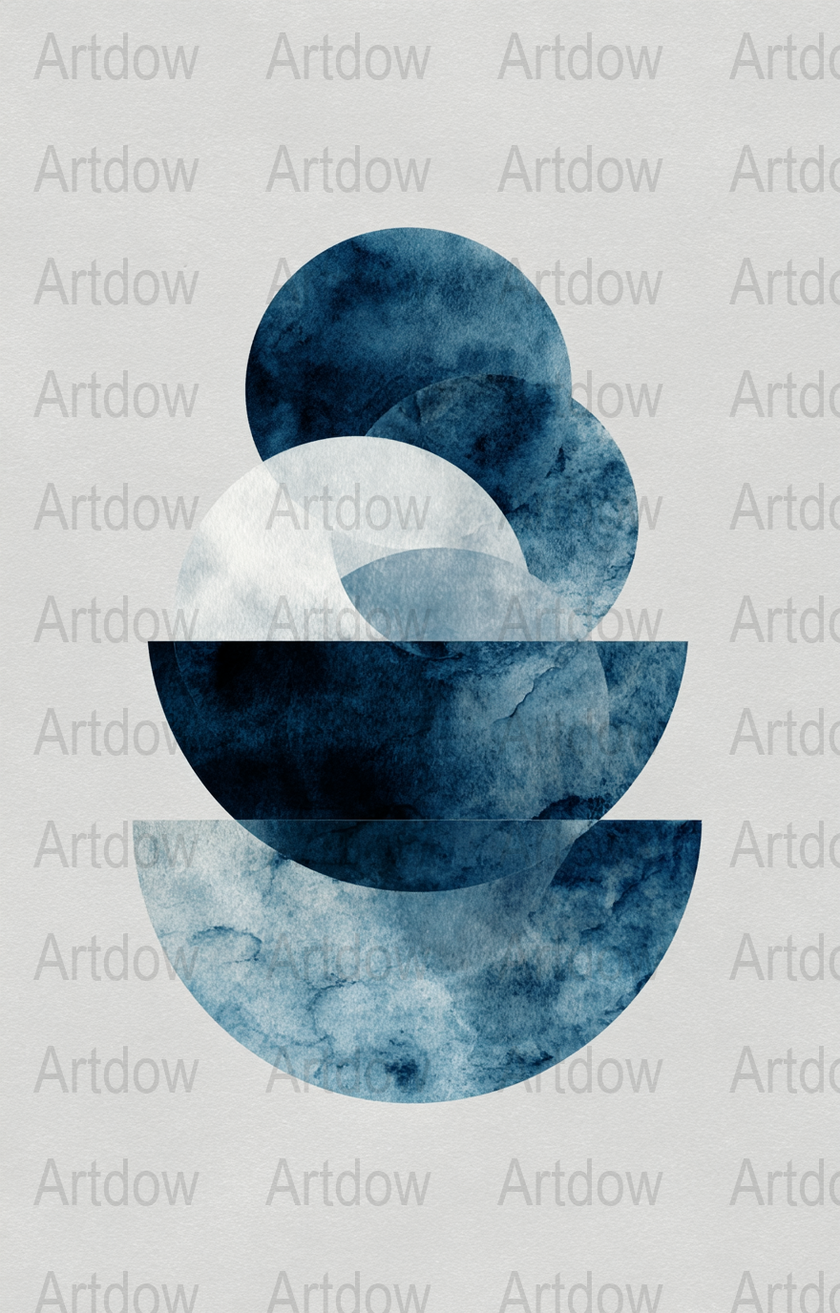 Abstract geometric indigo and white watercolor circles creating a harmonious, peaceful composition with layered textures against a soft off-white background, perfect for minimalist modern spaces.