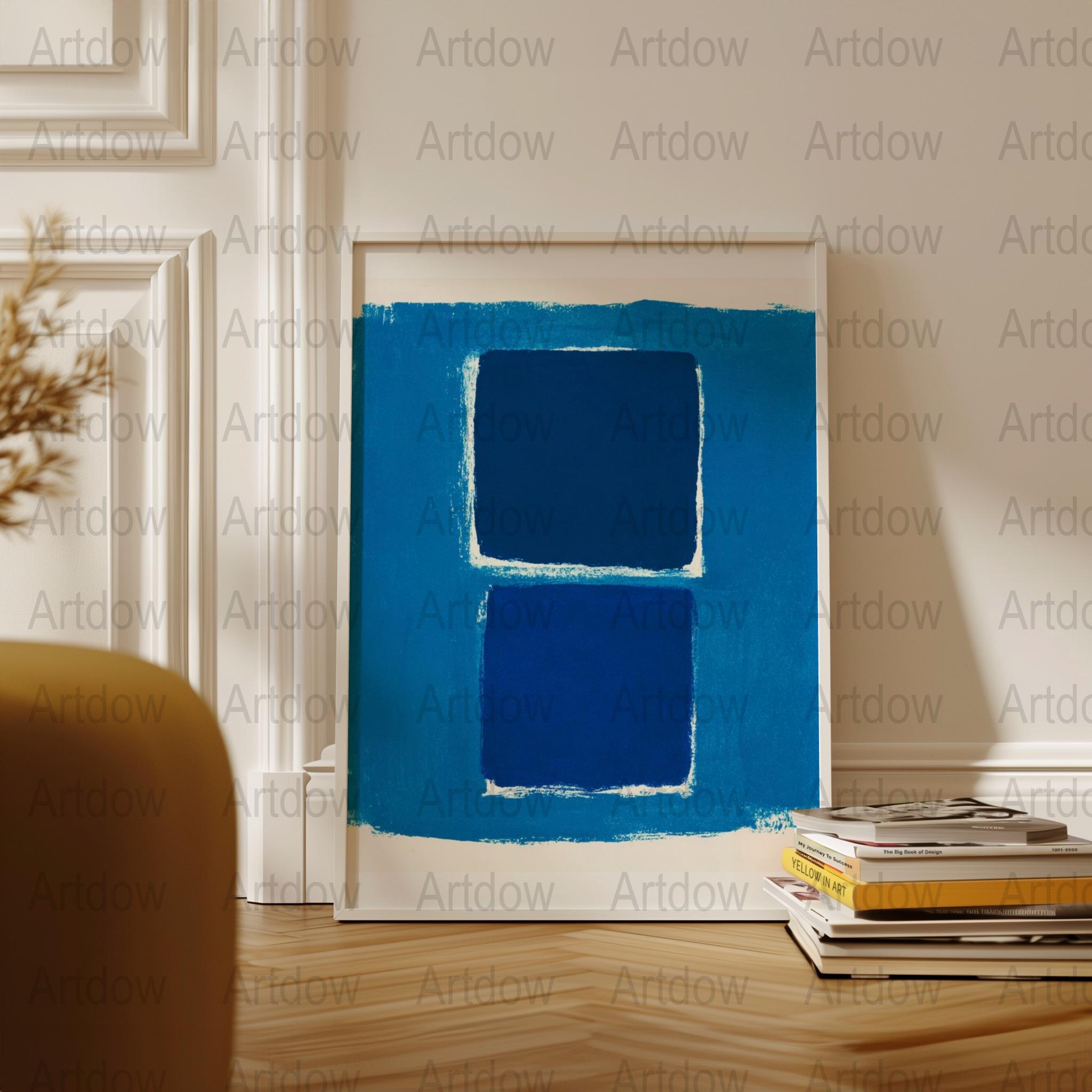 Modern abstract digital print featuring overlapping dark blue rectangles with vibrant azure and cobalt tones against textured white background, creating a serene yet sophisticated geometric composition.