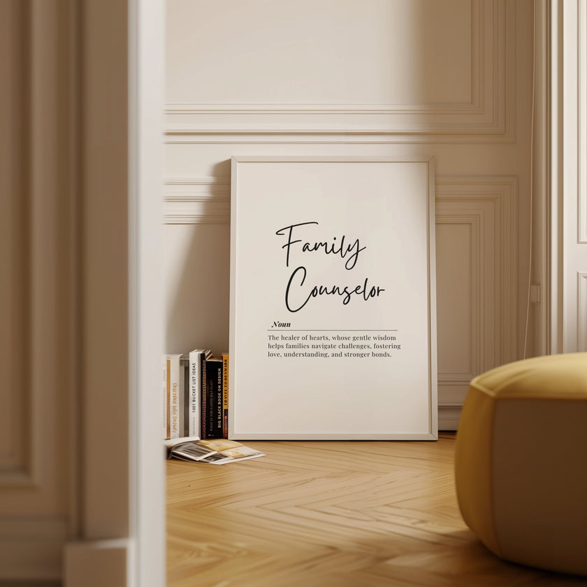 Black and white minimalist print featuring 'Family Counselor' definition in elegant script font against white background, creating a calming professional aesthetic with Scandinavian design influence.