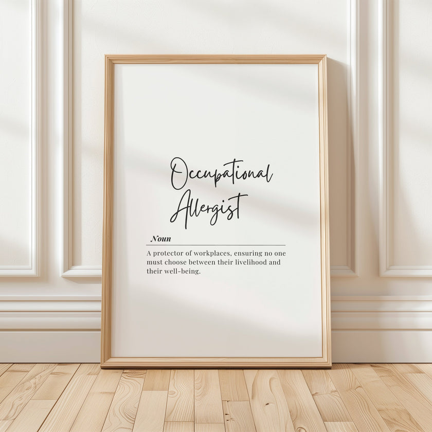 Minimalist black typography on white background featuring the Occupational Allergist definition in elegant script and serif fonts, framed with clean lines for professional medical workspaces.