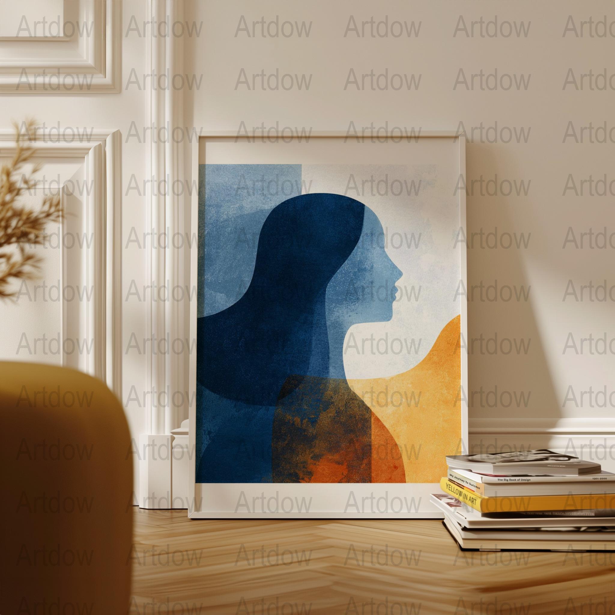 Minimalist silhouette figure against textured backdrop with midnight blue and burnt orange tones, creating a contemplative abstract composition with overlapping geometric forms and harmonious contrasts.