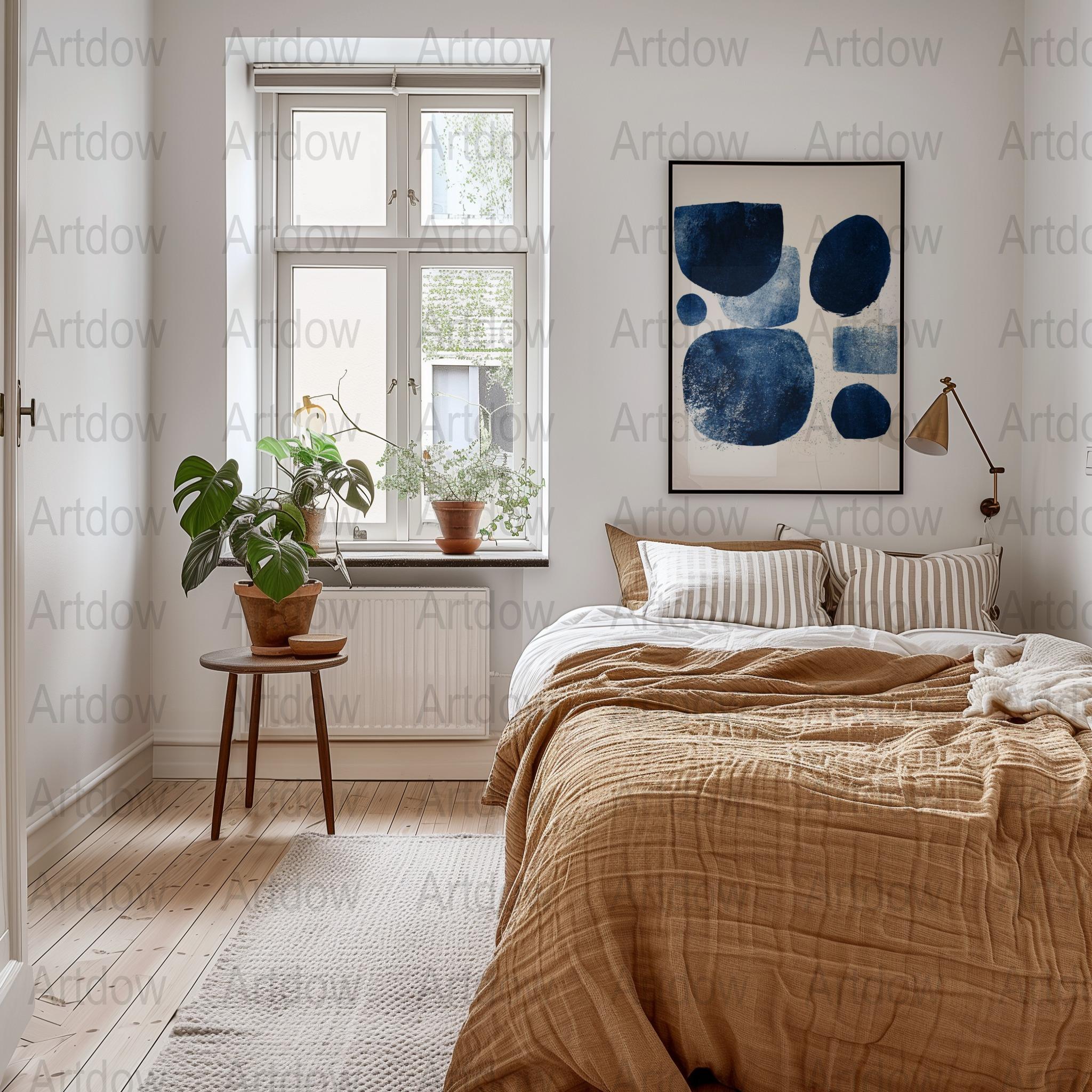 Abstract geometric navy blue and indigo shapes against white background with soft textures creating a calming modern minimalist design perfect for contemporary spaces.
