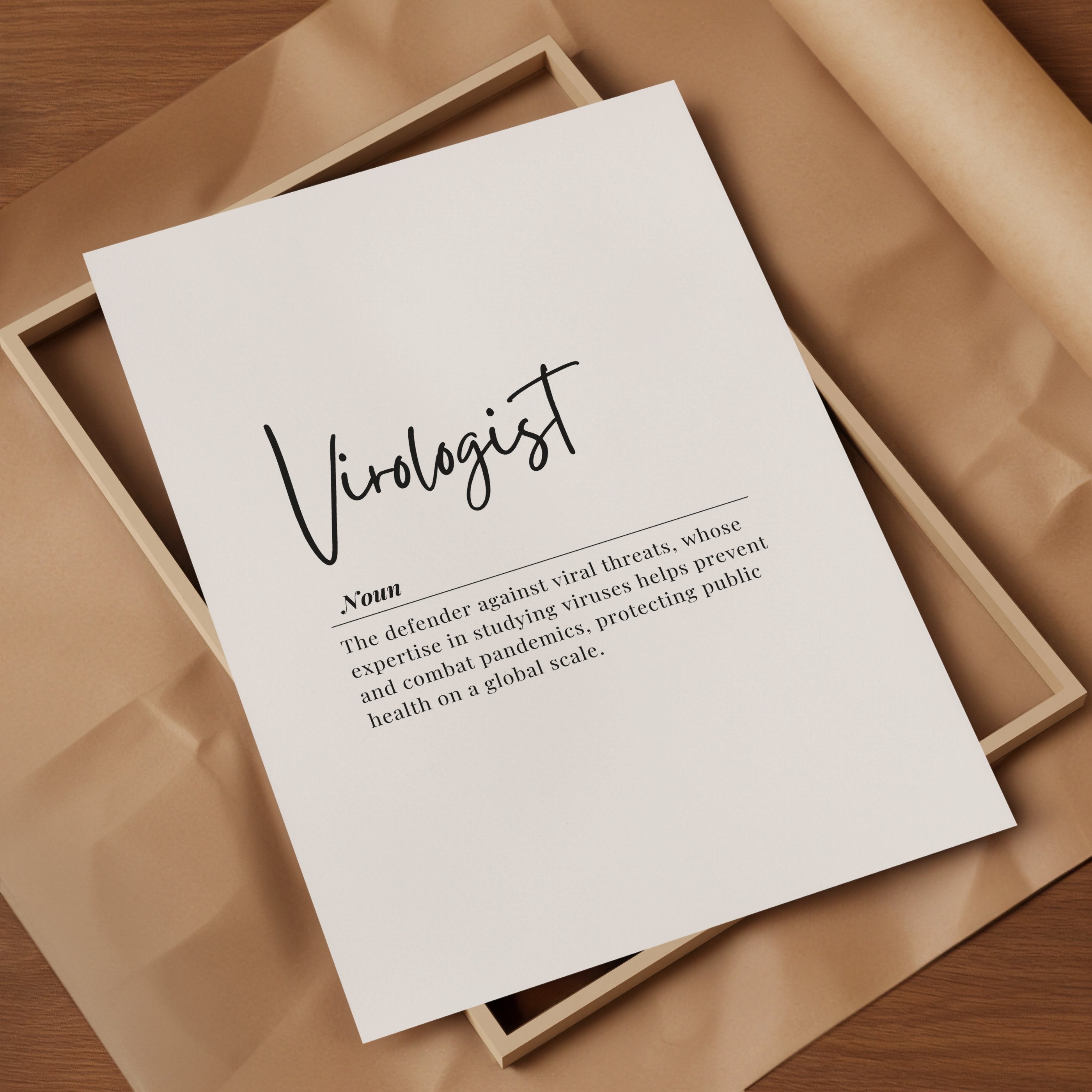 Elegant black script 'Virologist' typography on white background with serif definition text, creating a professional minimalist aesthetic in a light wooden frame.