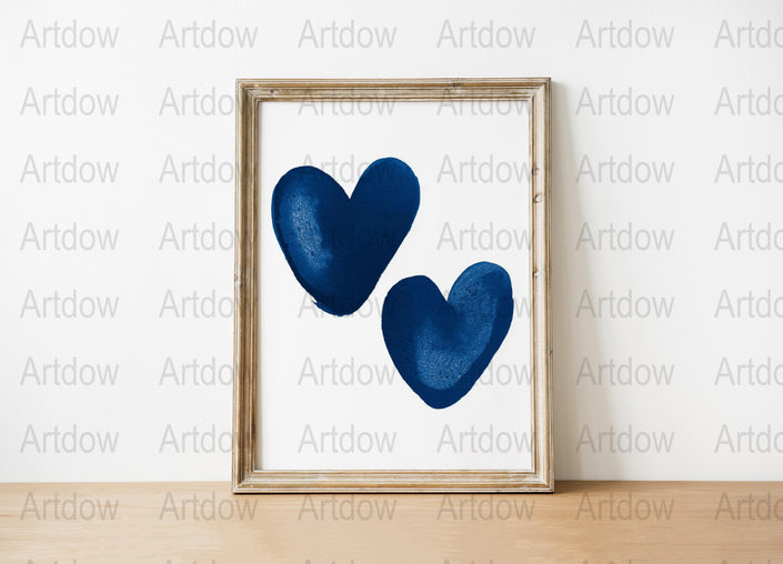 Blue Heart Wall Art, Modern Navy Blue Love Heart Print, Abstract Minimalist Decor, Framed Heart Artwork for Bedroom or Living Room
