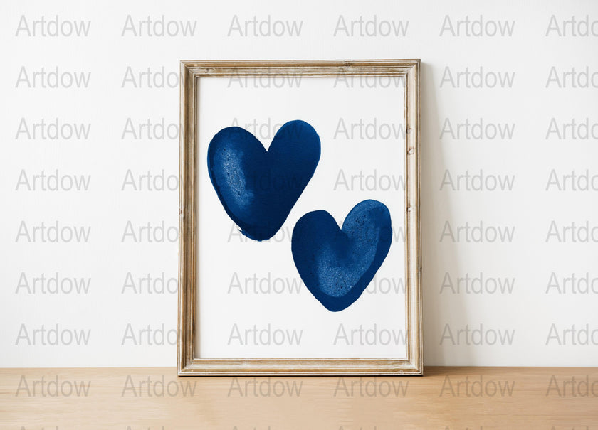 Blue Heart Wall Art, Modern Navy Blue Love Heart Print, Abstract Minimalist Decor, Framed Heart Artwork for Bedroom or Living Room