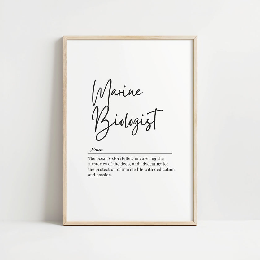 Minimalist black typography on white background featuring 'Marine Biologist' in elegant script with definition text about ocean storytelling and marine conservation, perfect for professional settings.